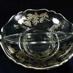 VINTAGE SILVER CITY FLANDERS FLOWERS ON CLEAR GLASS DIVIDED BOWL PLATE DISH